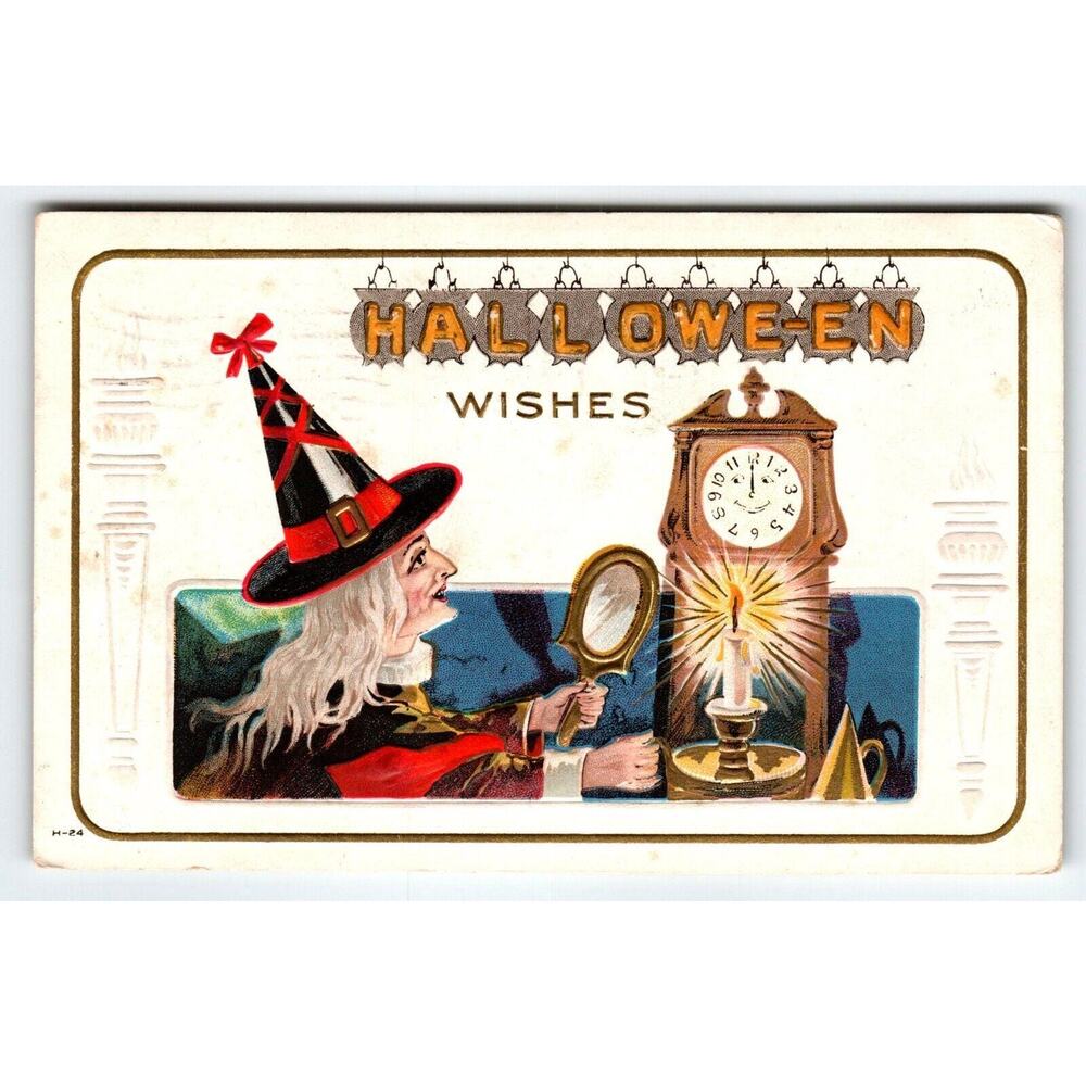Halloween Postcard Nash Grey Haired Witch Mirror Candle Clock H-24 Embossed 1914